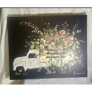Classic Pick Up Truck With Flowers On Black Canvas Painting 16 X 20